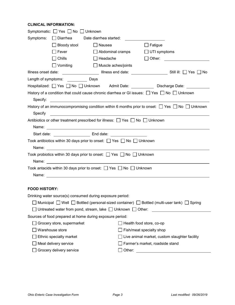 Ohio Case Investigation Form - Shigellosis - Ohio, Page 3