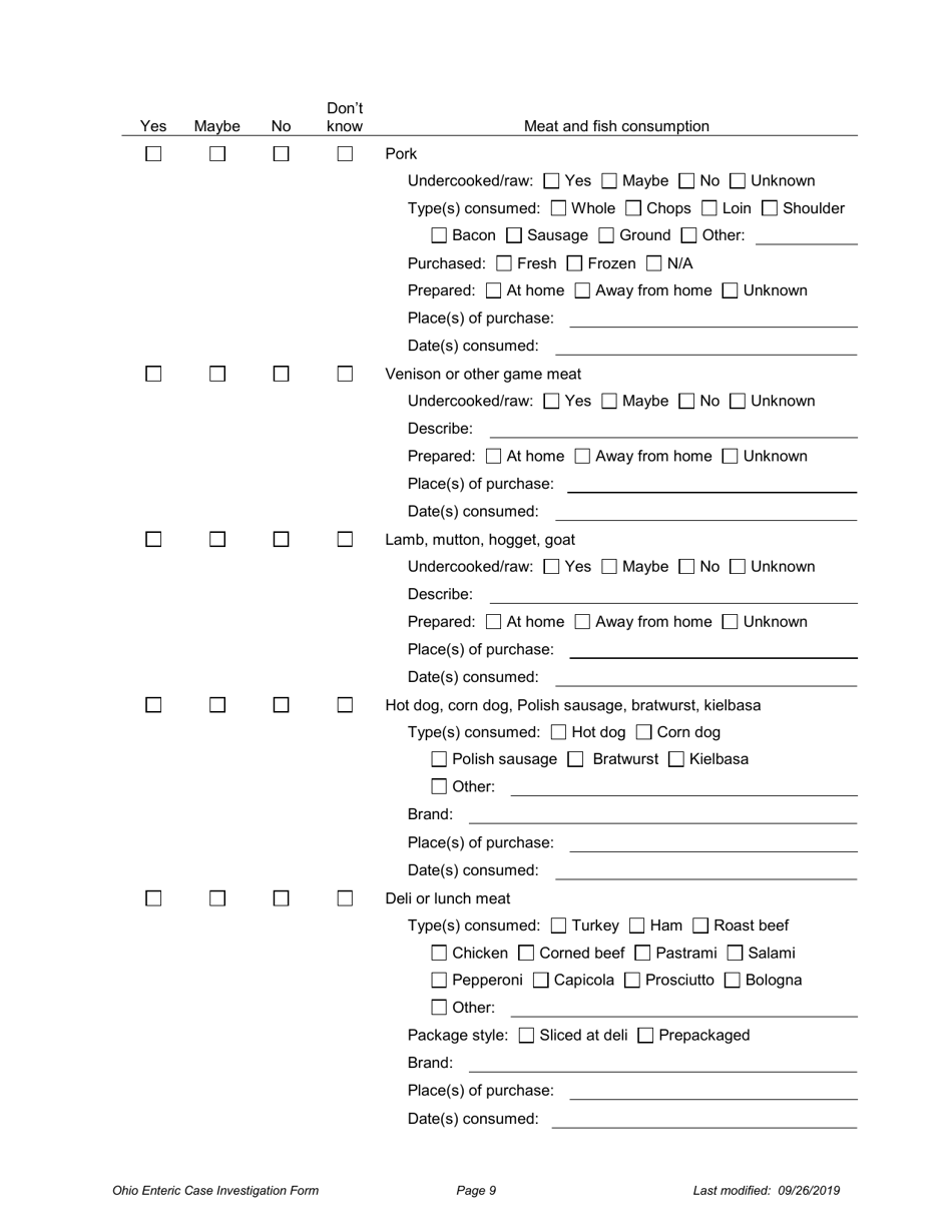 Ohio Case Investigation Form - Shigellosis - Ohio, Page 9