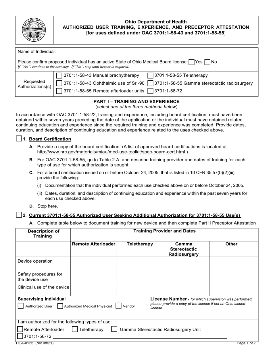 Form HEA0125 Authorized User Training, Experience, and Preceptor Attestation - Ohio, Page 1