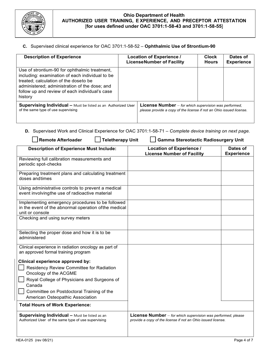 Form HEA0125 Authorized User Training, Experience, and Preceptor Attestation - Ohio, Page 4