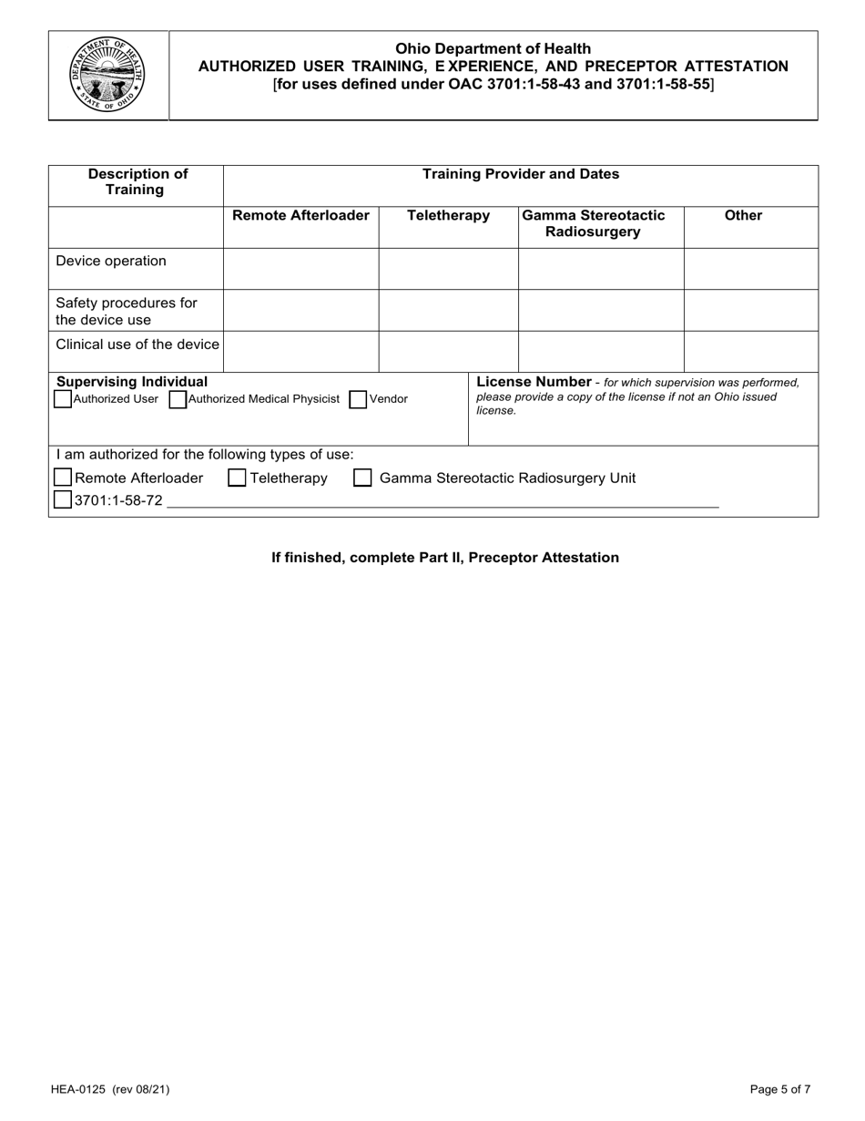 Form HEA0125 Authorized User Training, Experience, and Preceptor Attestation - Ohio, Page 5