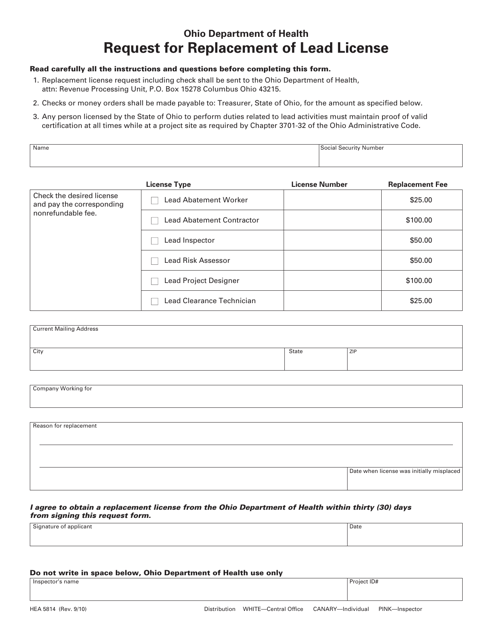 Form HEA5814 Request for Replacement of Lead License - Ohio
