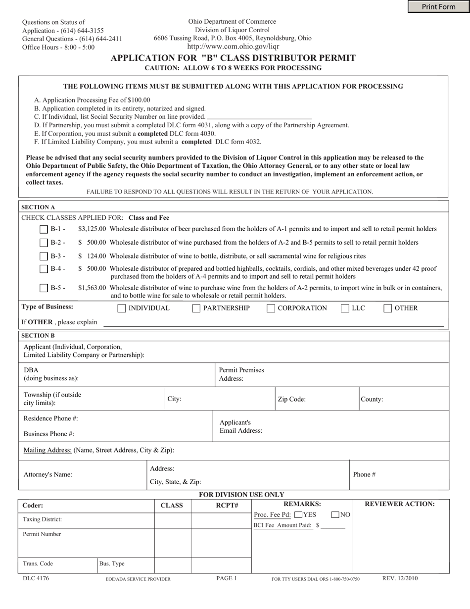 Form DLC4176 Application for B Class Distributor Permit - Ohio, Page 1