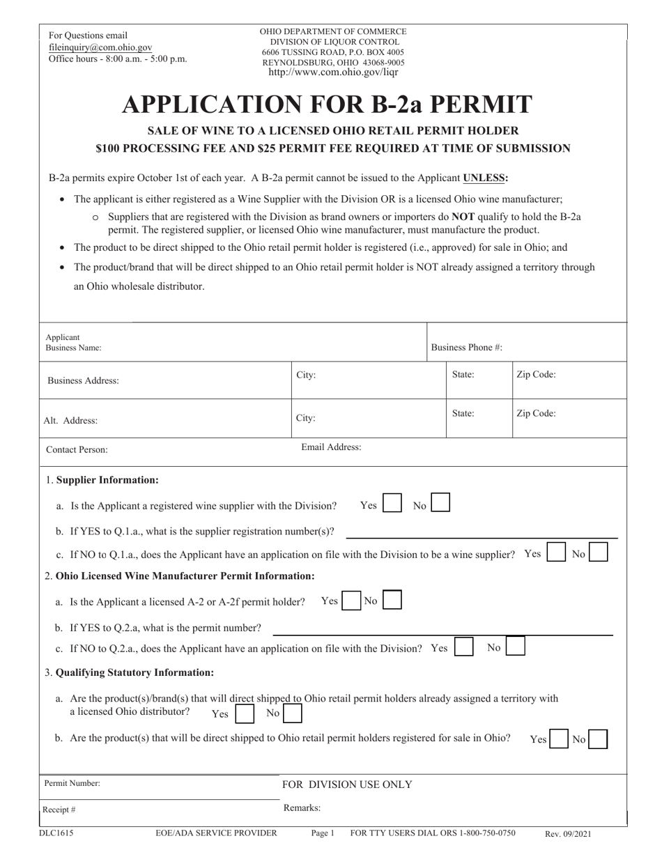 Form DLC1615 Application for B-2a Permit - Sale of Wine to a Licensed Ohio Retail Permit Holder - Ohio, Page 1