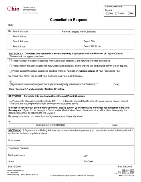Form LIQ-19-0004 Cancellation Request - Ohio