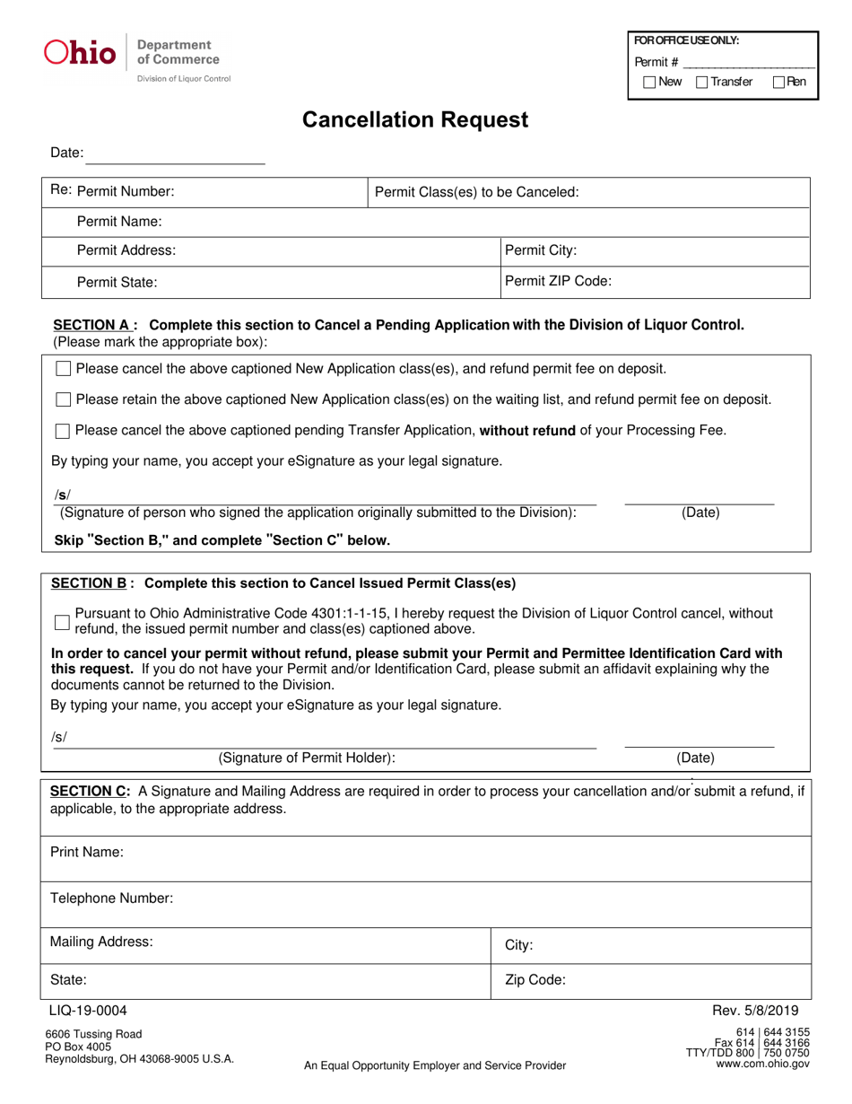 Form LIQ-19-0004 Cancellation Request - Ohio, Page 1