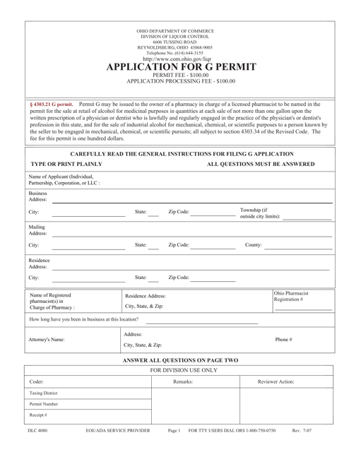 Form DLC4080 Application for G Permit - Ohio