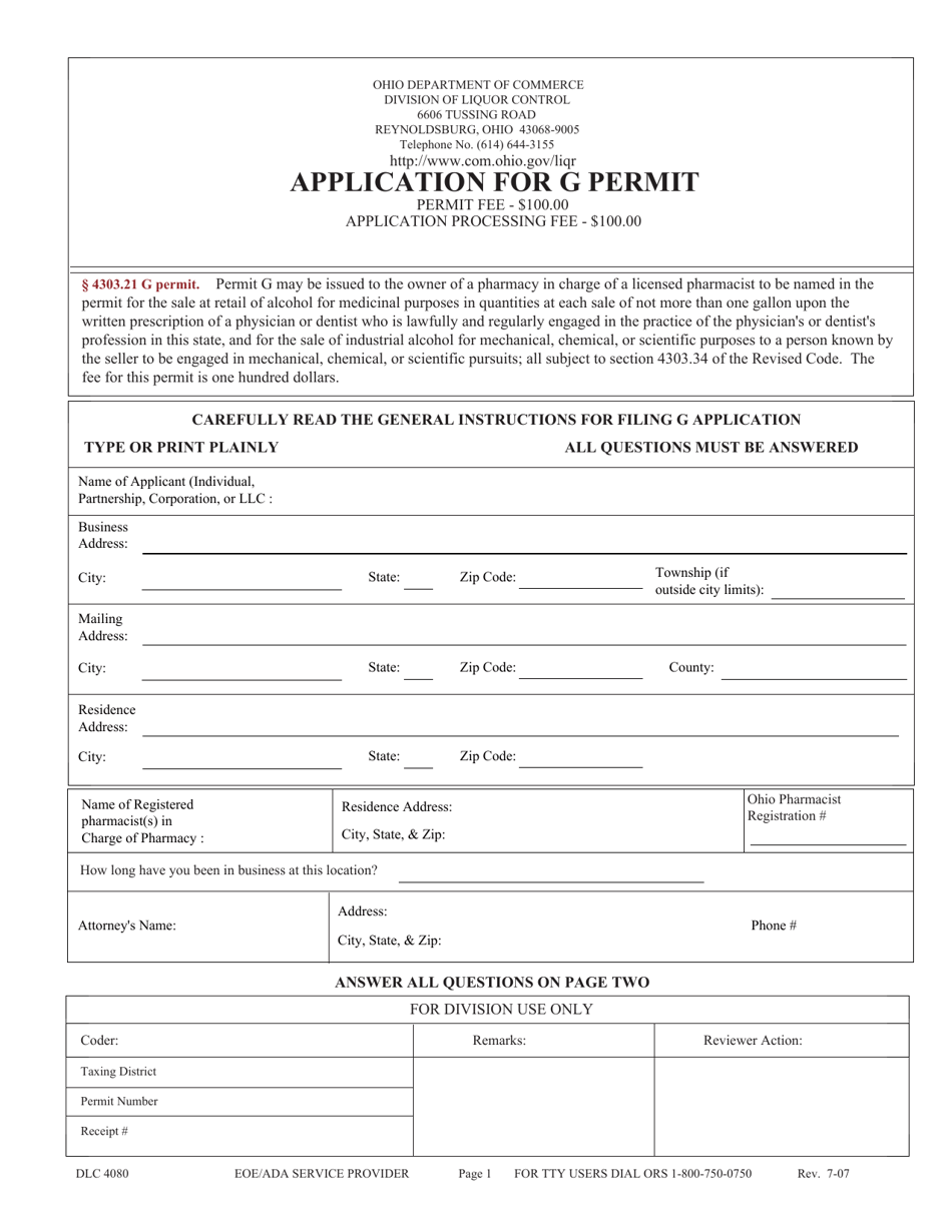 Form DLC4080 Application for G Permit - Ohio, Page 1