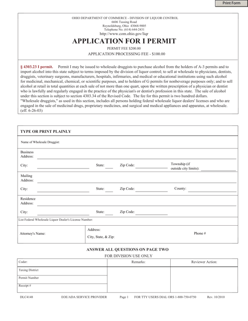Form DLC4148 Application for I Permit - Ohio