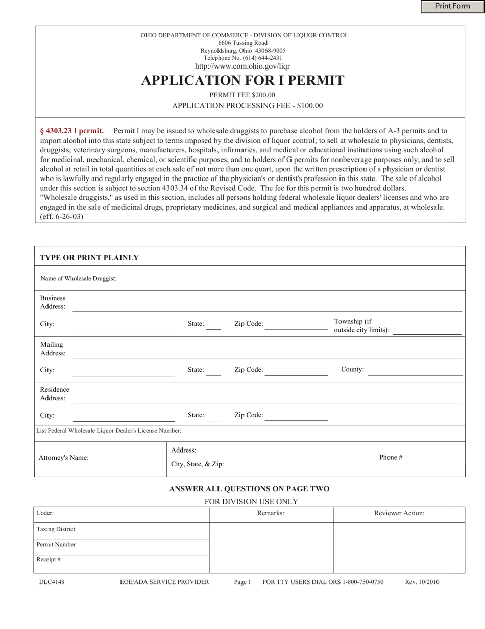 Form DLC4148 Application for I Permit - Ohio, Page 1