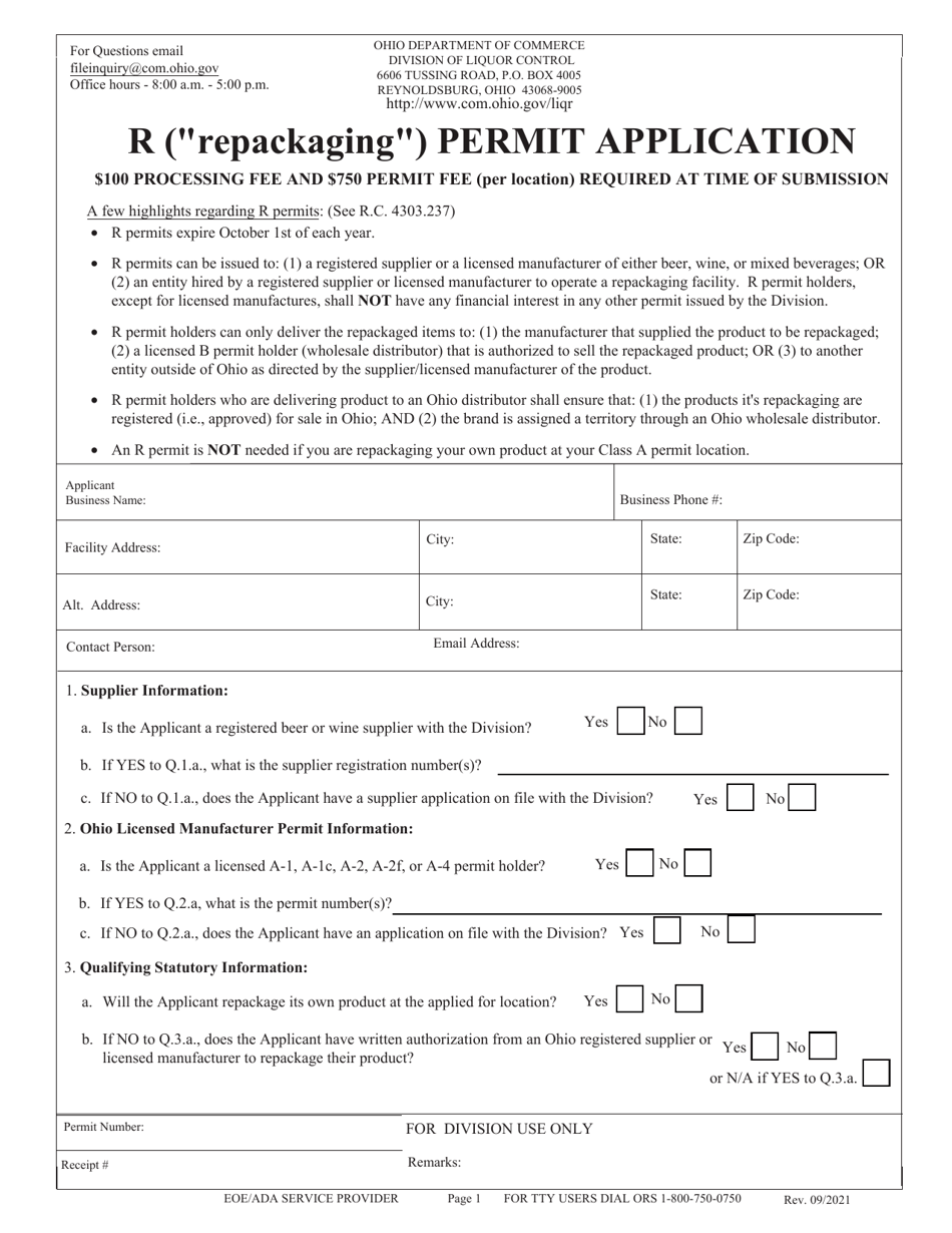 R (repackaging) Permit Application - Ohio, Page 1