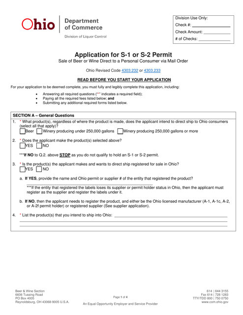 Form DLC1614_S-1/S-2 Application for S-1 or S-2 Permit - Ohio