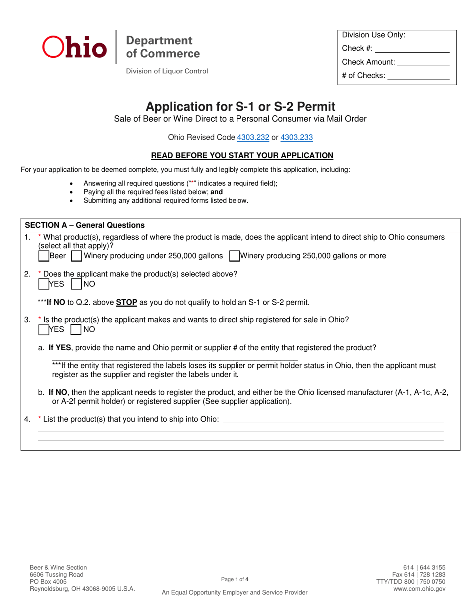 Form DLC1614_S-1 / S-2 Application for S-1 or S-2 Permit - Ohio, Page 1