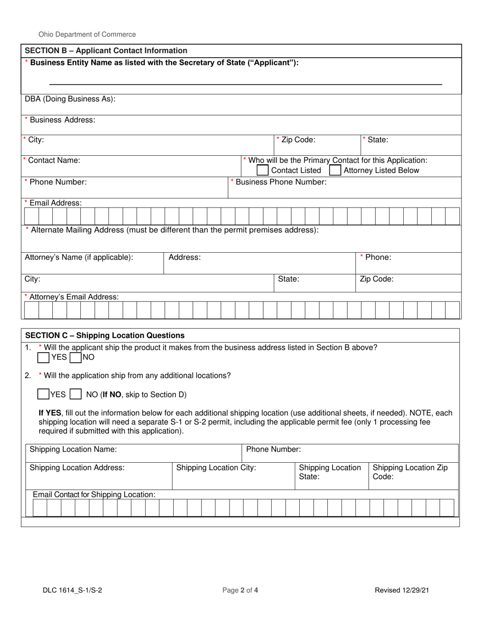 Form DLC1614_S-1 / S-2 Application for S-1 or S-2 Permit - Ohio, Page 2