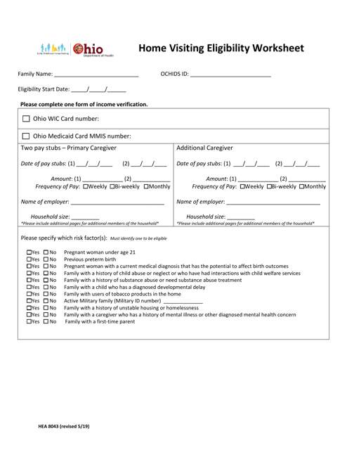 Form HEA8043 Home Visiting Eligibility Worksheet - Ohio