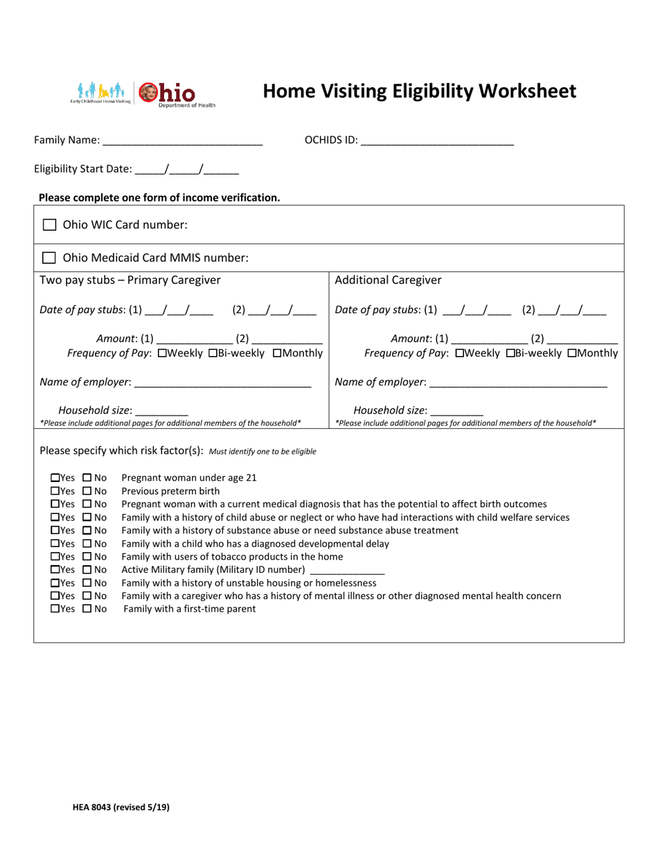 Form HEA8043 Home Visiting Eligibility Worksheet - Ohio, Page 1