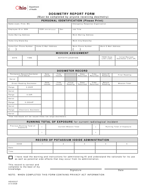 Form HEA5537 Dosimetry Report Form - Ohio