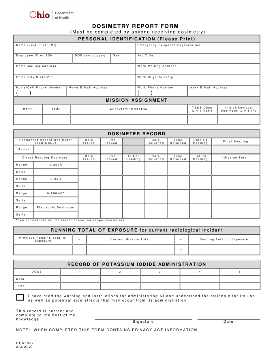 Form HEA5537 Dosimetry Report Form - Ohio, Page 1