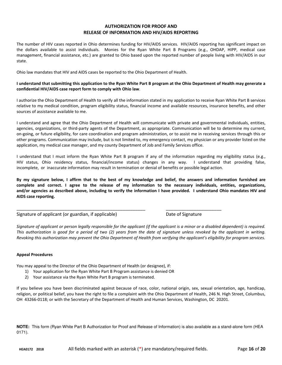 Form HEA0172 Ryan White Part B Program Application - Ohio, Page 16