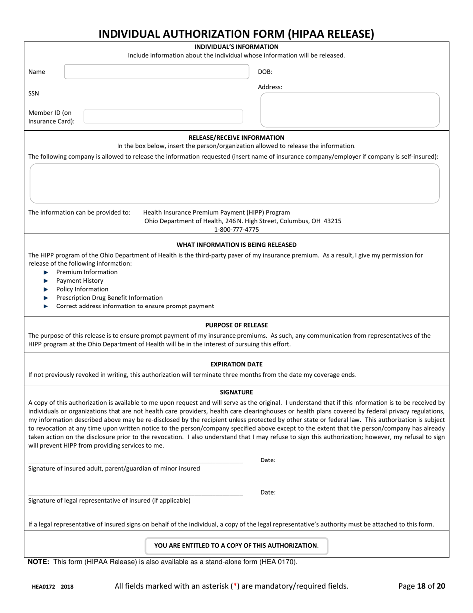 Form HEA0172 Ryan White Part B Program Application - Ohio, Page 18