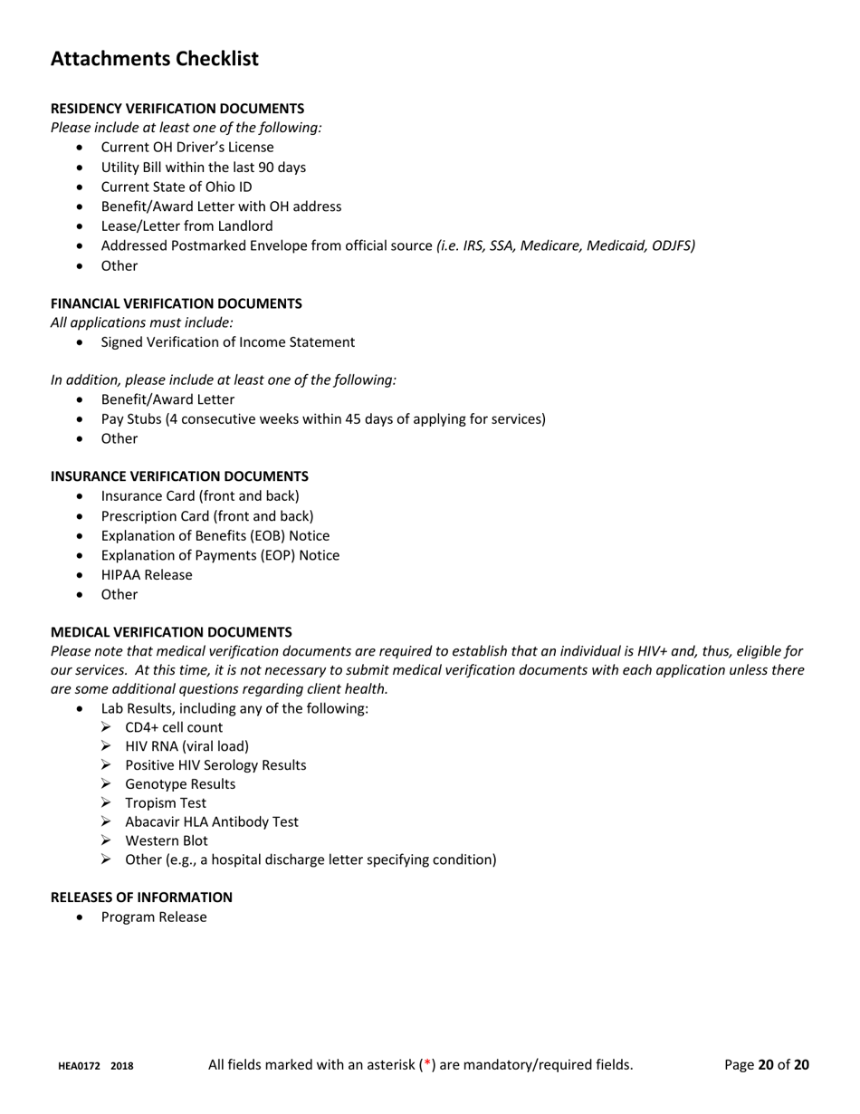 Form HEA0172 Ryan White Part B Program Application - Ohio, Page 20