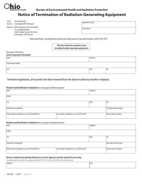 Form HEA5508 Notice of Termination of Radiation-Generating Equipment - Ohio