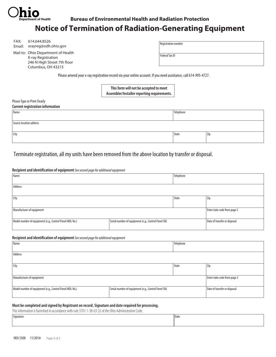 Form HEA5508 Notice of Termination of Radiation-Generating Equipment - Ohio, Page 1