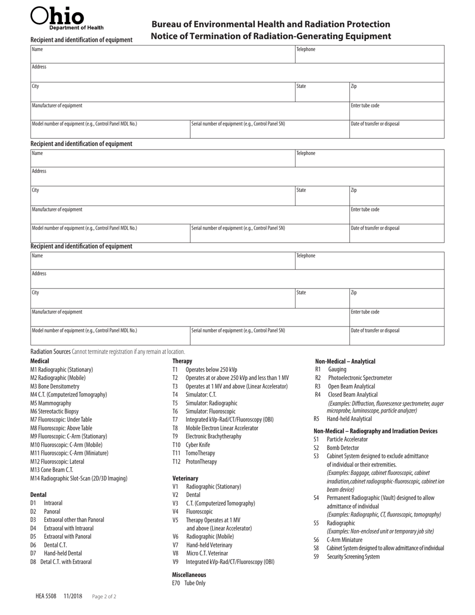 Form HEA5508 Notice of Termination of Radiation-Generating Equipment - Ohio, Page 2