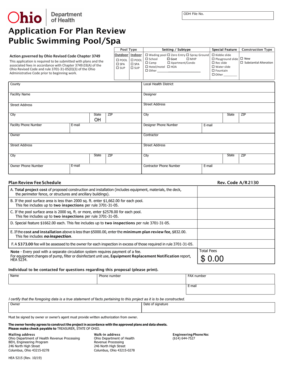 Form HEA5215 Application for Plan Review Public Swimming Pool / Spa - Ohio, Page 1