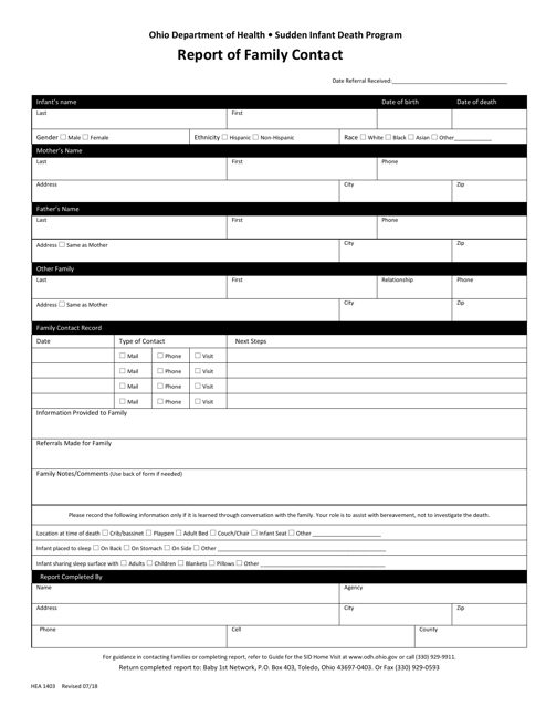 Form HEA1403 Report of Family Contact - Sudden Infant Death Program - Ohio