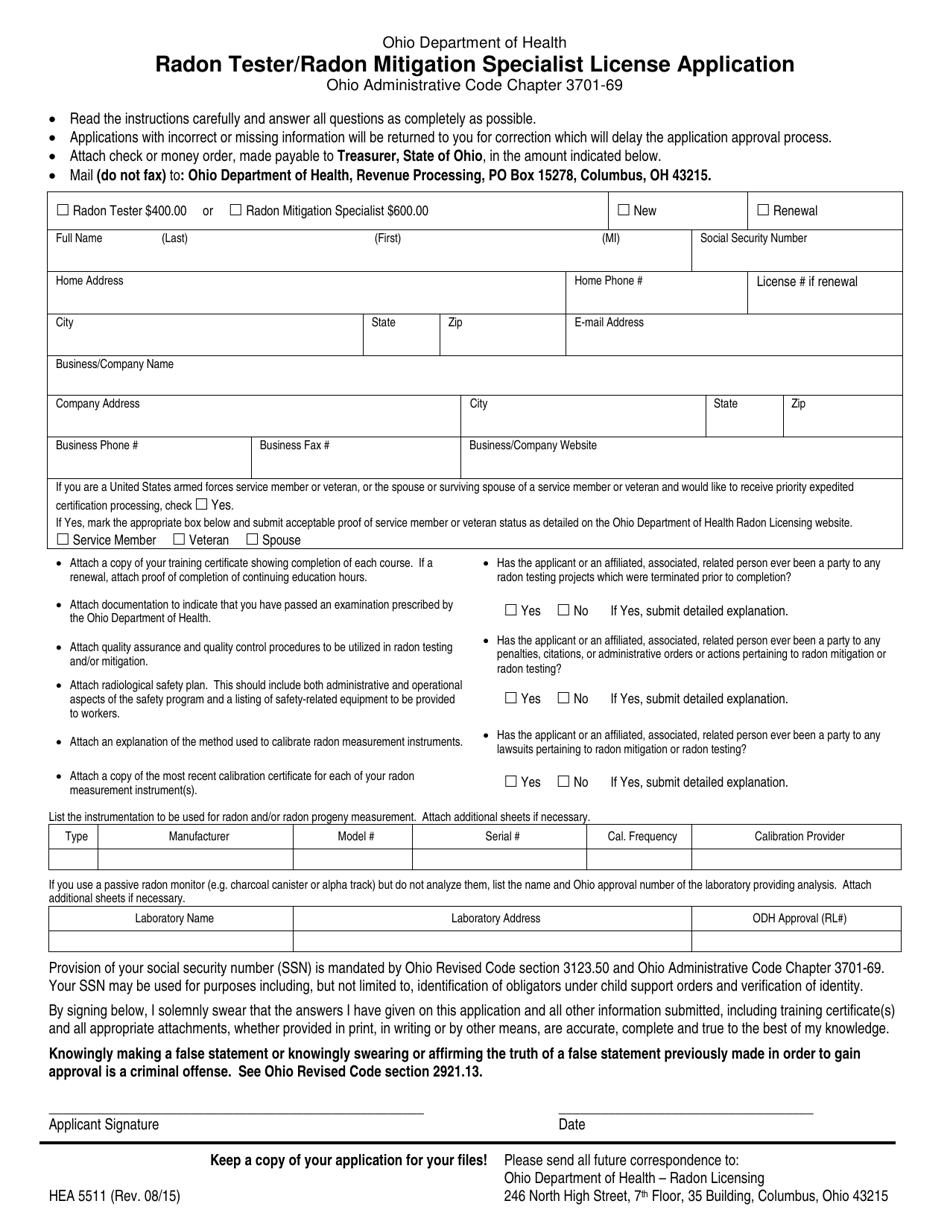 Form HEA5511 Radon Tester / Radon Mitigation Specialist License Application - Ohio, Page 1