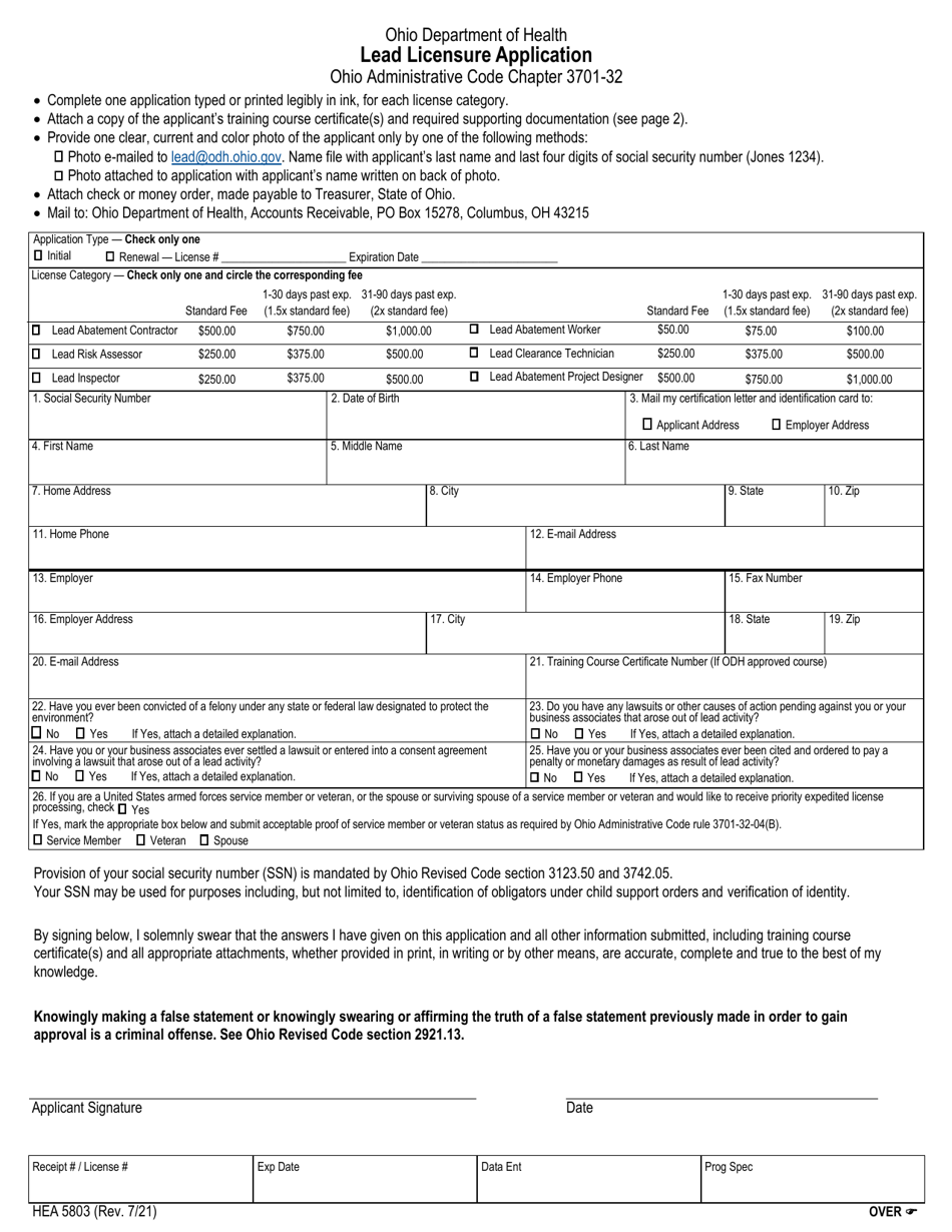 Form HEA5803 Lead Licensure Application - Ohio, Page 1
