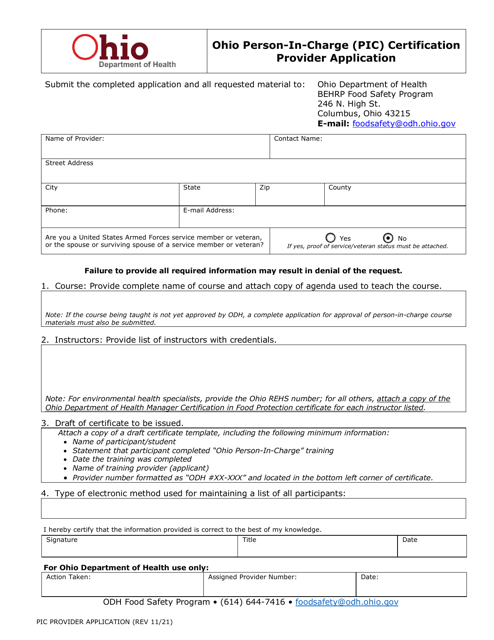 Ohio Person-In-charge (Pic) Certification Provider Application - Ohio Download Pdf