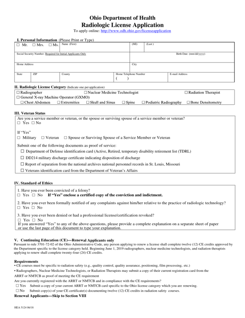 Form HEA5124 Radiologic License Application - Ohio