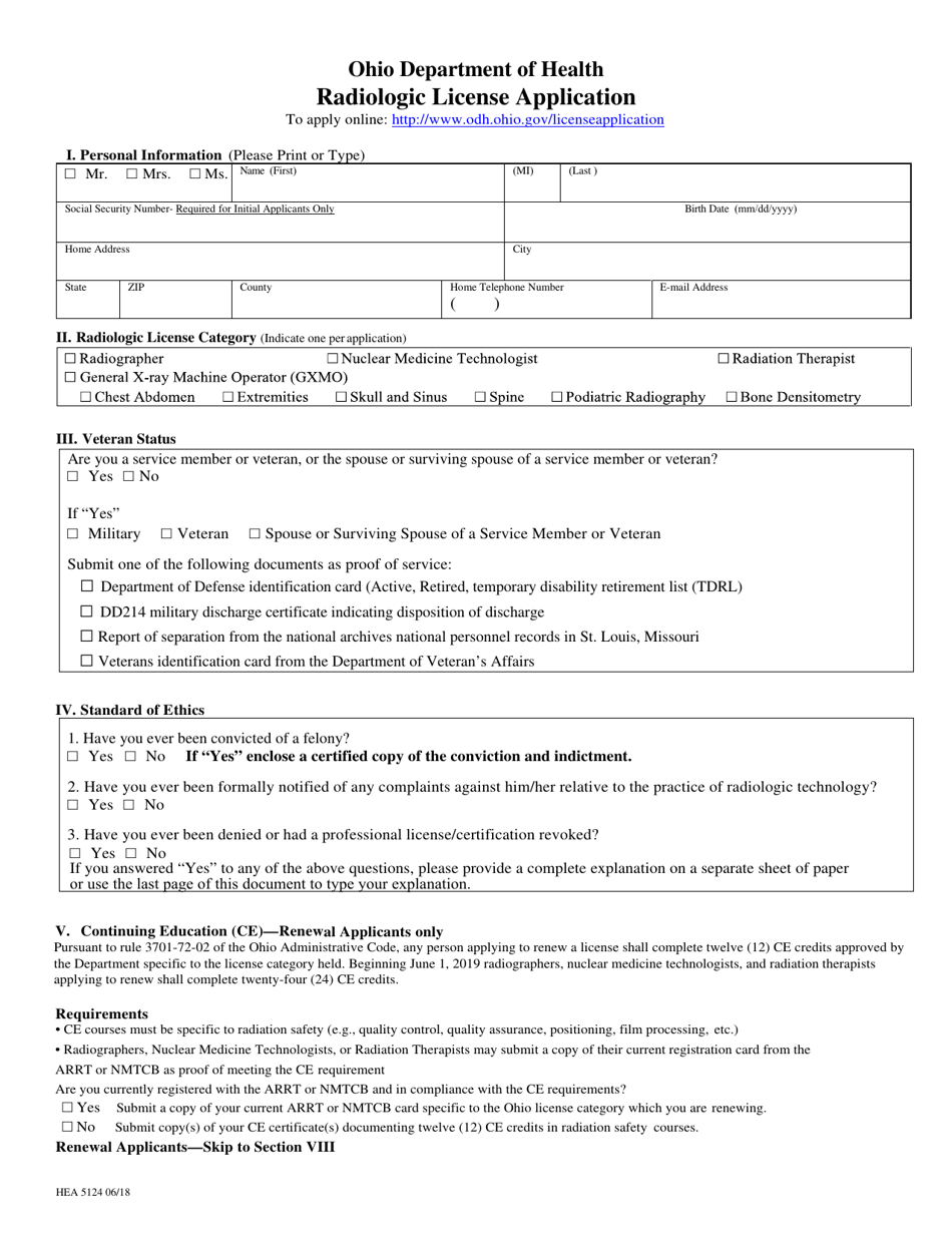 Form HEA5124 Radiologic License Application - Ohio, Page 1