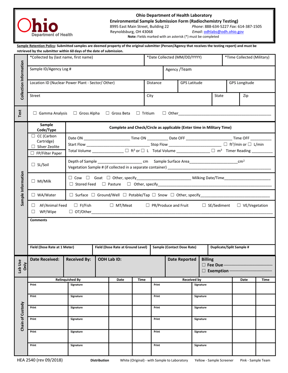 Form HEA2540 Environmental Sample Submission Form (Radiochemistry Testing) - Ohio, Page 1