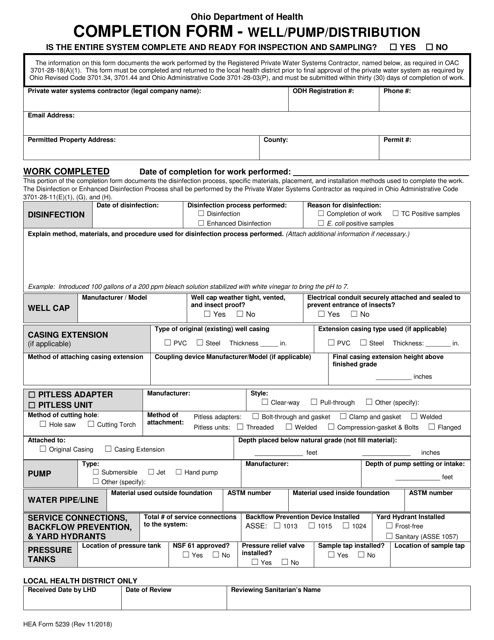 Form HEA5239 Completion Form - Well/Pump/Distribution - Ohio