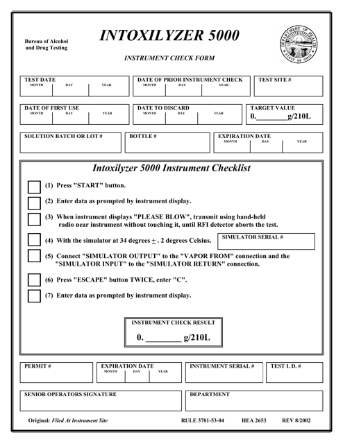 Form HEA2653 Intoxilyzer 5000 Instrument Check Form - Ohio