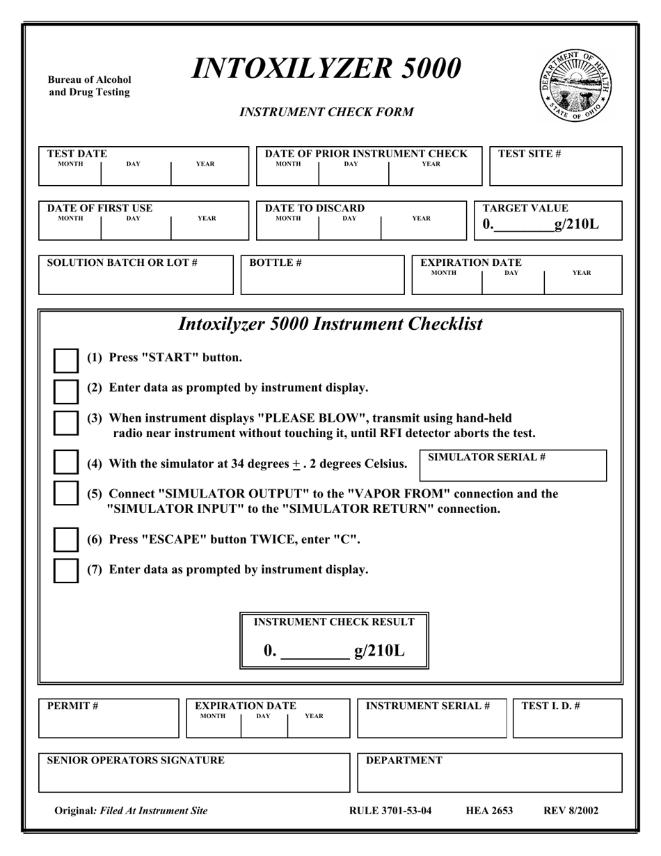 Form HEA2653 Intoxilyzer 5000 Instrument Check Form - Ohio, Page 1