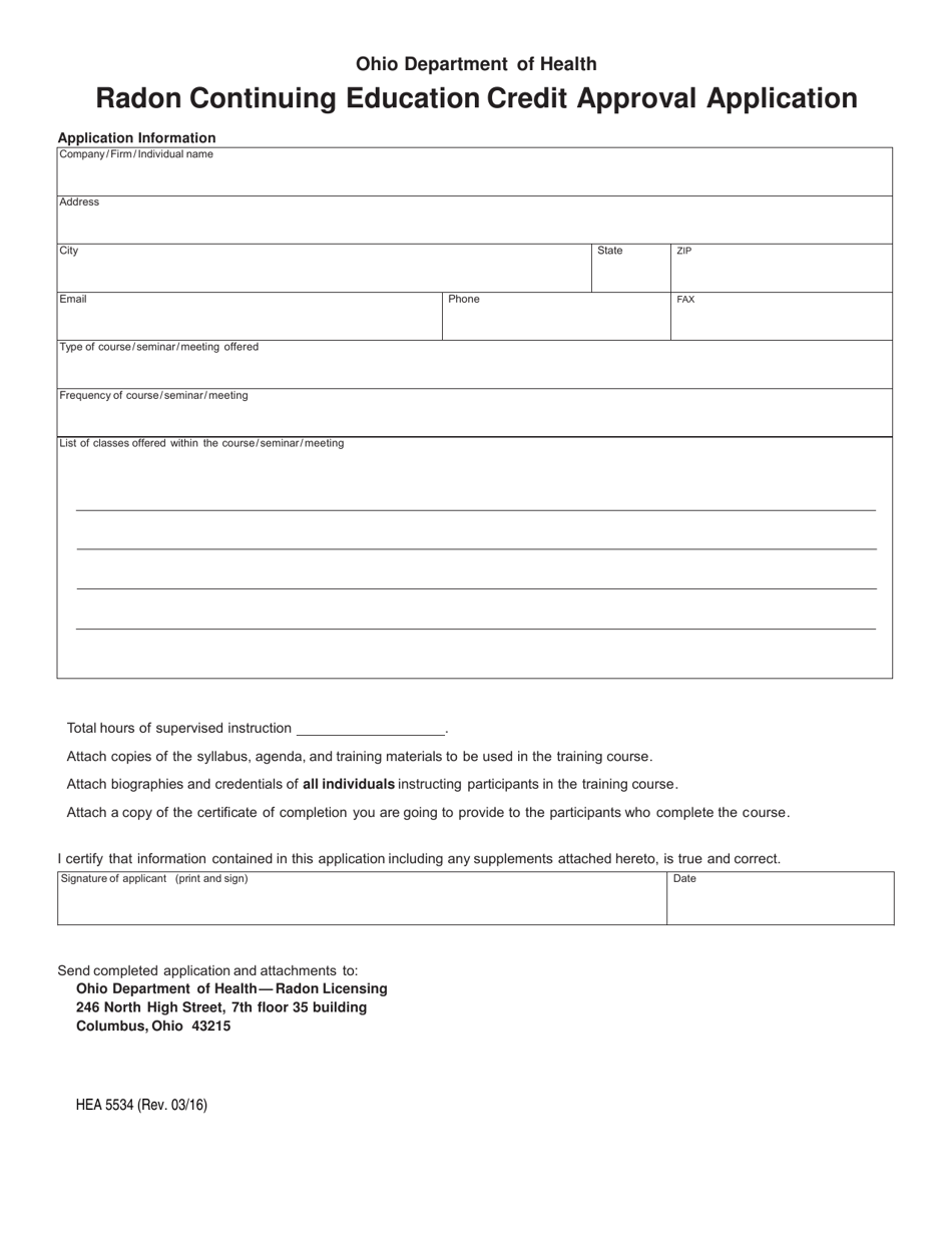 Form HEA5534 Radon Continuing Education Credit Approval Application - Ohio, Page 1