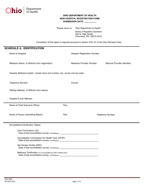 Form HEA1908 New Hospital Registration Form - Ohio