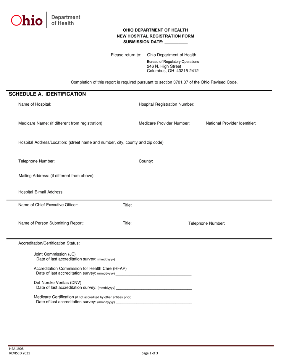 Form HEA1908 New Hospital Registration Form - Ohio, Page 1
