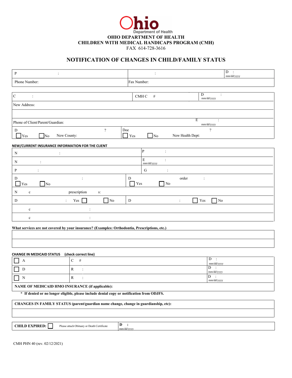 Form CMH PHN40 Notification of Changes in Child / Family Status - Ohio, Page 1