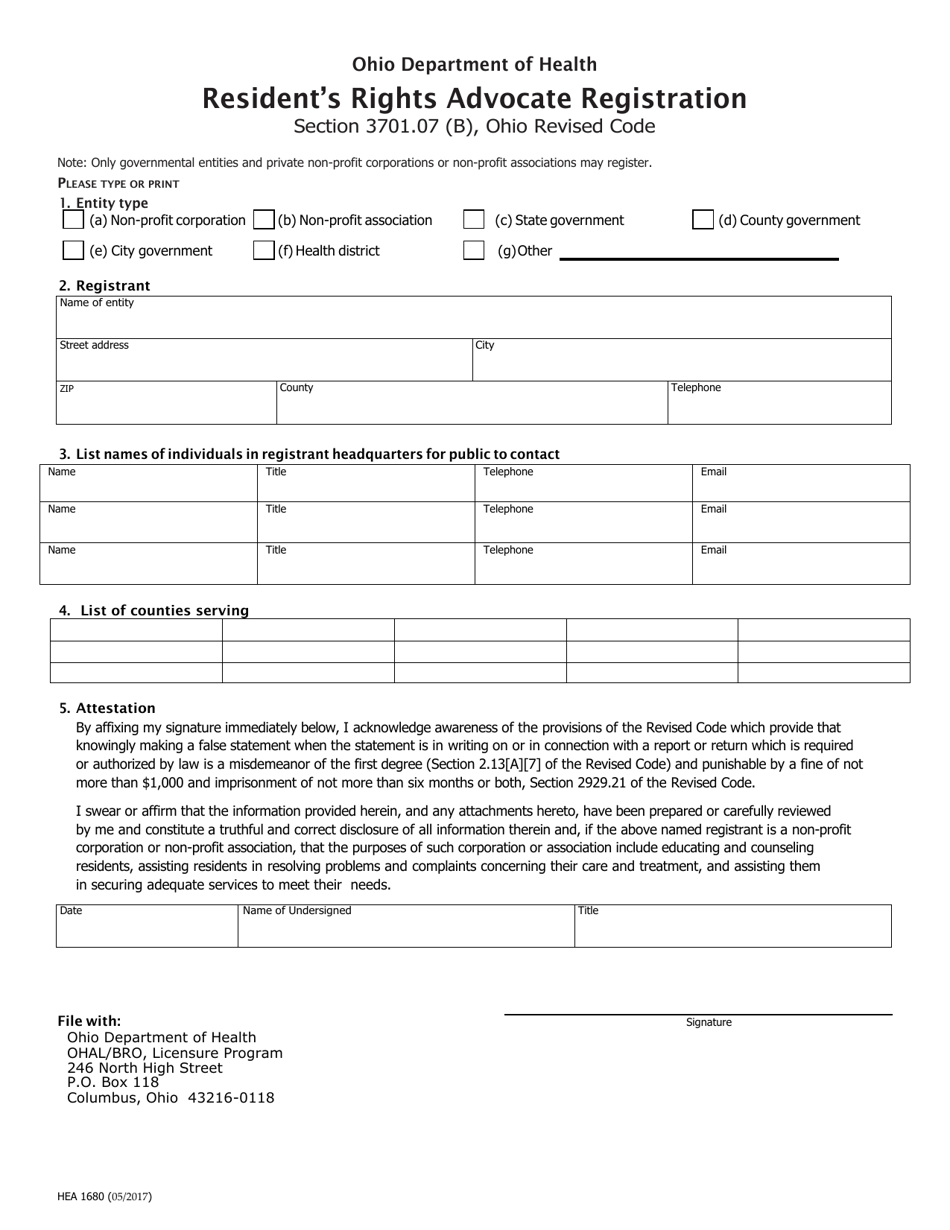 Form HEA1680 Residents Rights Advocate Registration - Ohio, Page 1