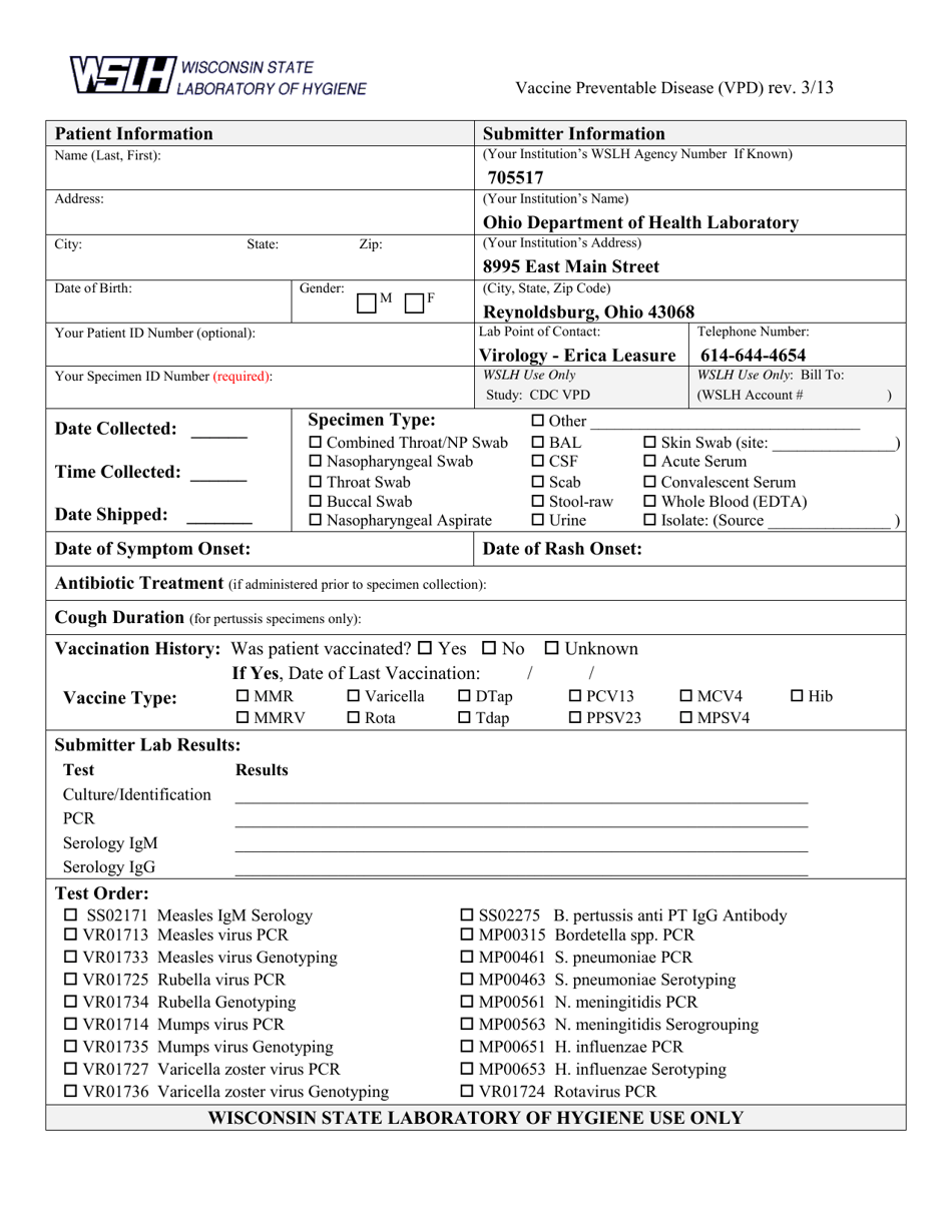 Wisconsin Vaccine Preventable Disease Submission Form - Ohio, Page 1