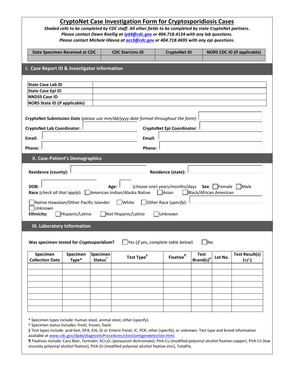 Cryptonet Case Investigation Form for Cryptosporidiosis Cases, Page 1