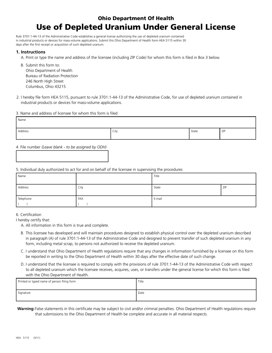Form HEA5115 Use of Depleted Uranium Under General License - Ohio, Page 1