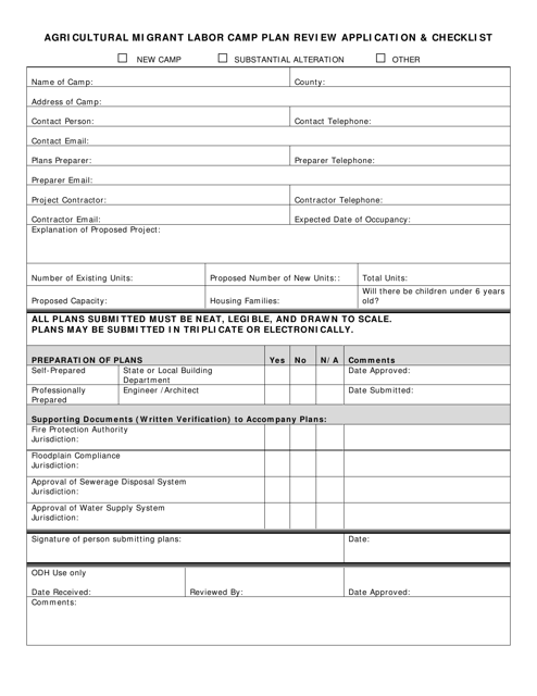 Agricultural Migrant Labor Camp Plan Review Application & Checklist - Ohio Download Pdf