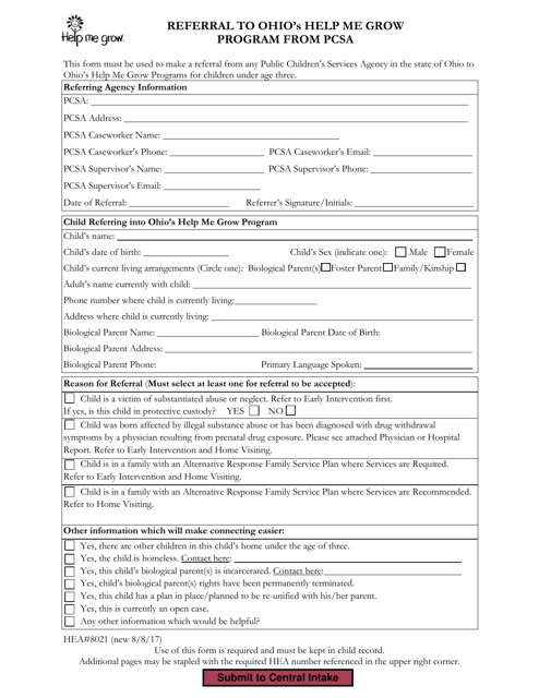 Form HEA8021 Referral to Ohio's Help Me Grow Program From Pcsa - Ohio