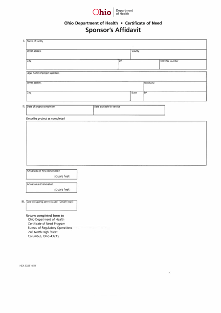Form HEA6338 Certificate of Need Sponsor's Affidavit - Ohio
